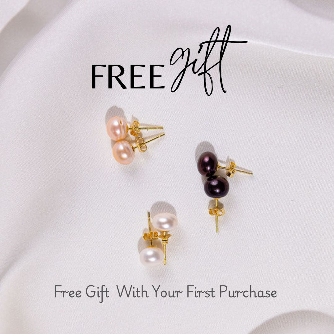 Pair of pearl earrings with gold posts on a white background, accompanied by text about a free gift offer.