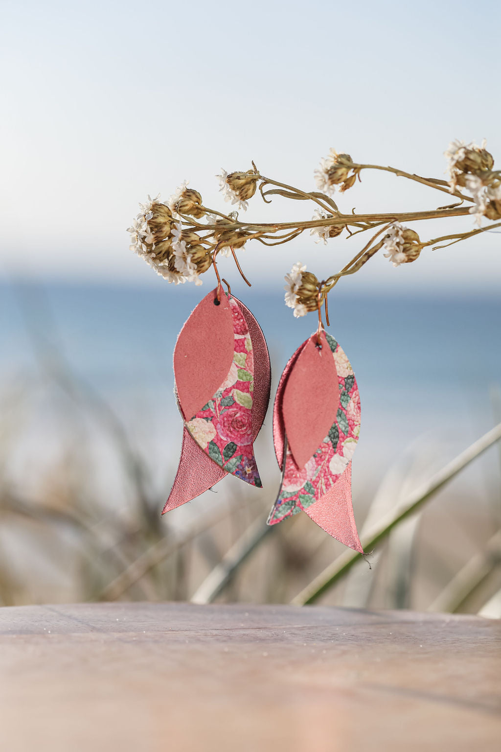 pink rose triple leaf  drop  earrings 