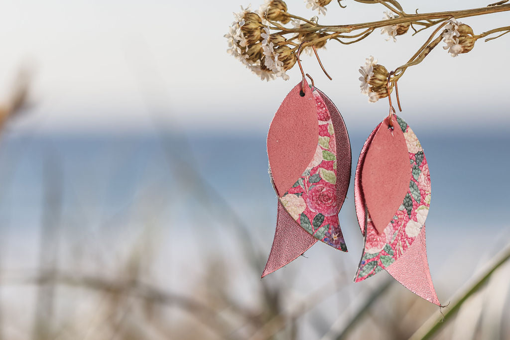 pink rose triple leaf delights drop earrings 