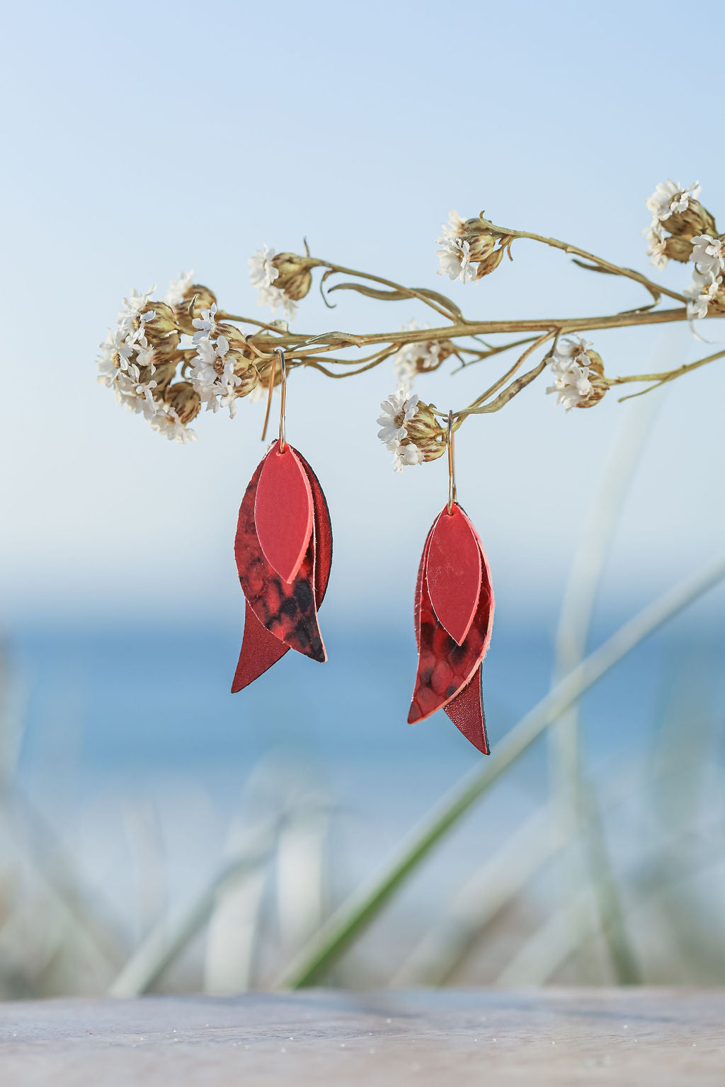 mini red triple leaf drop earrings 