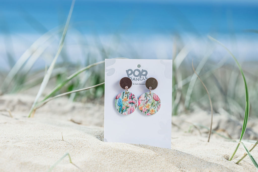 Watercolur Tulip 30 mm Orbit Drops Leather earrings 